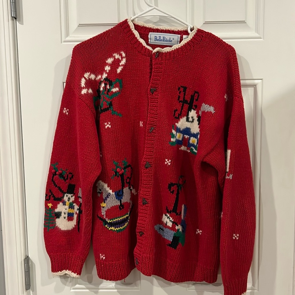 Vintage Bellepointe  Red Christmas Alphabet Cardigan Sweater - size Large